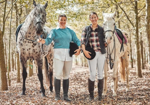 Portrait, women and horses in a forest, smile and happiness with animal care, stallion and countryside. Adventure, pets or girls with nature, activity or friends with hobby, bonding together or woods