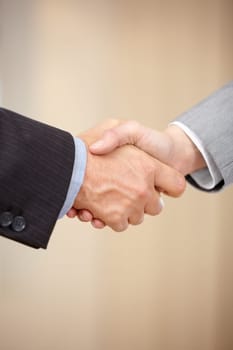 Business people, handshake and meeting in b2b, partnership or deal together in teamwork at office. Closeup of employees shaking hands in thank you for hiring, agreement or recruiting on mockup space