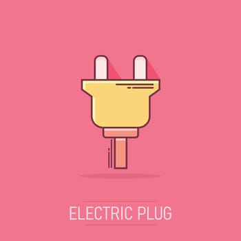 Vector cartoon electric plug sign icon in comic style. Power plug sign illustration pictogram. Electric cable business splash effect concept.