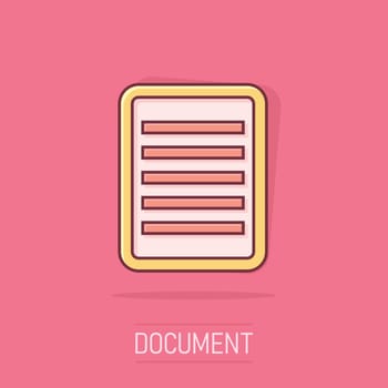 Vector cartoon document icon in comic style. Note sign illustration pictogram. Notebook business splash effect concept.