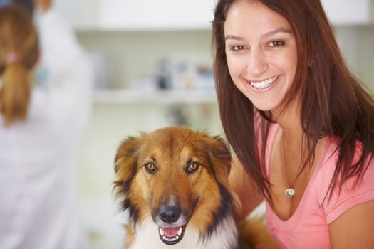 Vet portrait, dog and happy woman, owner or client for medical help, wellness healing services or animal healthcare support. Patient, veterinary or hospital customer smile for pet canine consultation