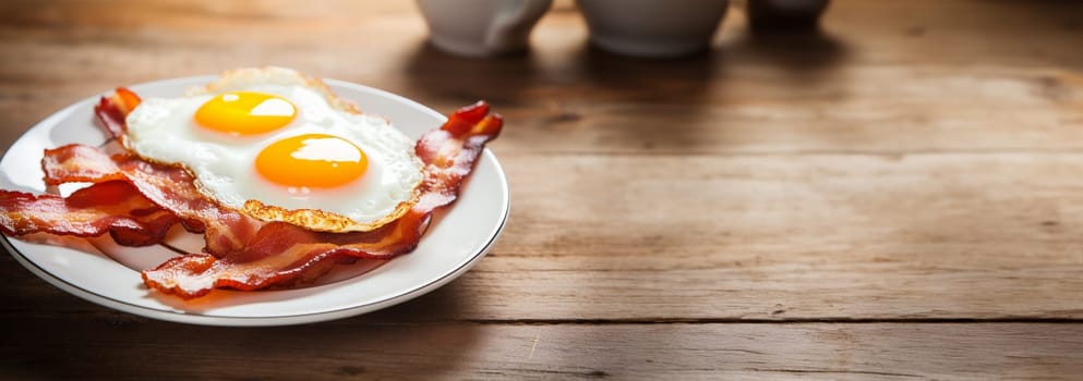 Vintage breakfast table with plate of English breakfast with fried eggs, bacon, Vintage, retro. Food pop art photo. Complementary colors. Old retro photograph