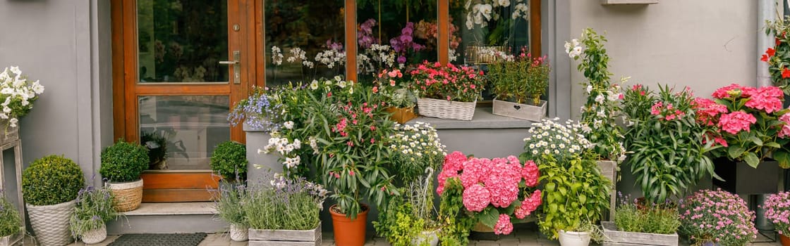 Facade of beautiful flower shop with different housplants and flowers on sunny day