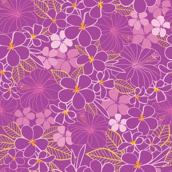 Vector purple and pink tropical flowers hibiscus and frangipani seamless pattern background. Perfect for fabric, scrapbooking, wallpaper projects.