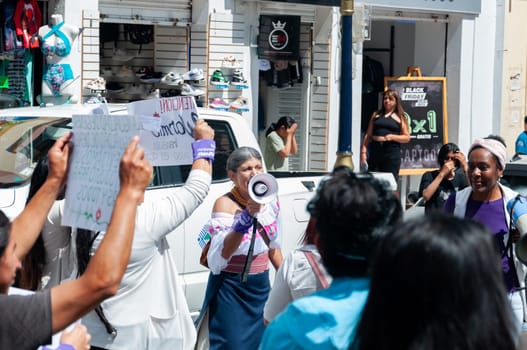feminist movement against gender violence. ecuadorian indigenous woman with an indignant megaphone surrounded by demonstrators carrying banners on high. women's day. feminist empowerment.