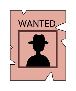 Vintage western style Wanted poster with cowboy silhouette portrait. Criminal catching and wanted notice. Vector cartoon flat illustration.