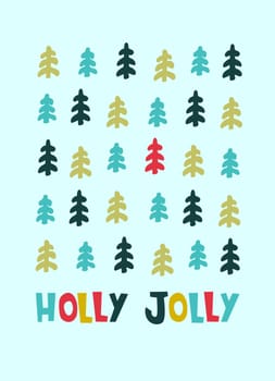 Christmas greeting card design template. Hand drawn fir trees, Holly Jolly hand lettering