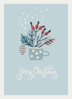 Merry Christmas greeting card with branch arrangement on blue background