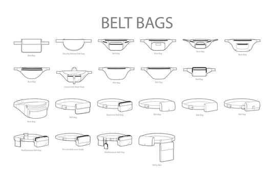 Set of Belt Bum silhouette bags. Fashion accessory technical illustration. Vector satchel front 3-4 view for Men, women