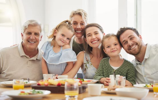 Breakfast, family and portrait with parents, kid and happy grandparent together in a home. Love, support and care on a dining room with a smile and food with bonding in the morning with fruit