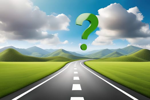 Road with question mark and blue sky background.