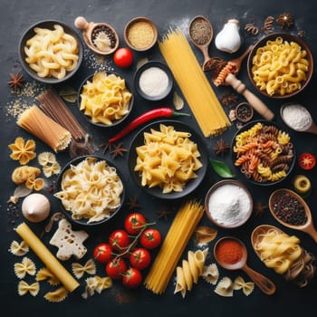 Assorted types of pasta on black background. Top view. Various forms of pasta