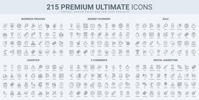 Ecommerce and advertising, stock market profit, business process thin black line icon set