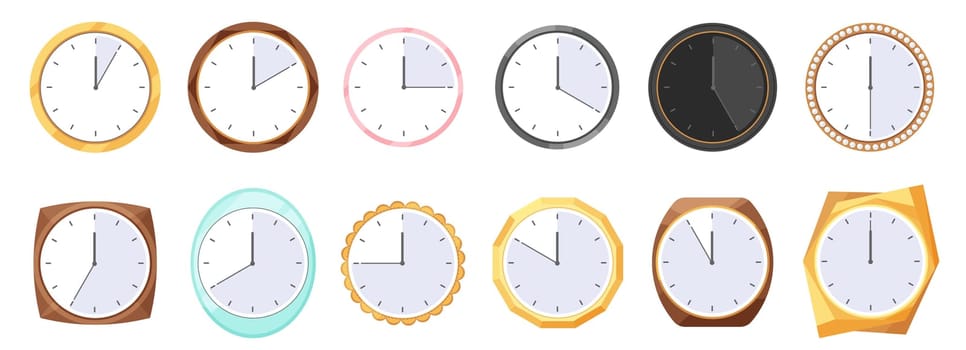 Clock faces set, wall kitchen or office clocks of different shapes and colors with dial