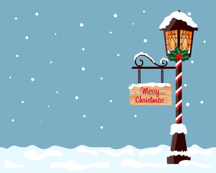 Christmas background with vintage park lantern in snow, congratulatory text and copy space.