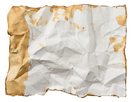 Crumpled white sheet of drenched coffee, white isolated background