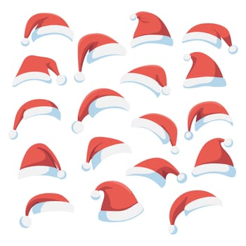 Vector Isolated Santa Claus Hat, Father Christmas Cap, Saint Nicolas Head Hats, Design Template. Vector Flat Illustration, Santa Claus Caps in Cartoon Flat Style