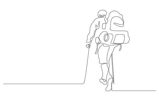 man trekking hiking with backpacking one line drawing