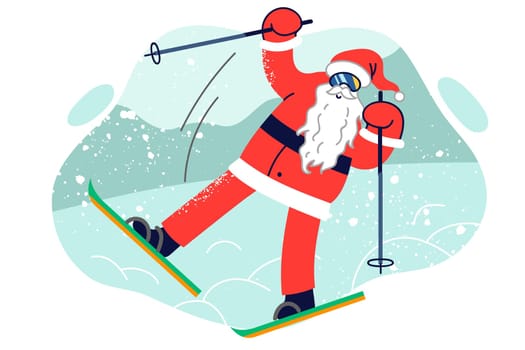 Santa claus stands on skis at risk of falling due to rush to christmas party or new year celebration