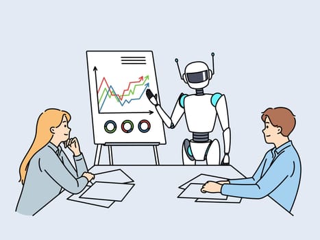 Artificial intelligence robot speaks to people in corporate boardroom to discuss company plans