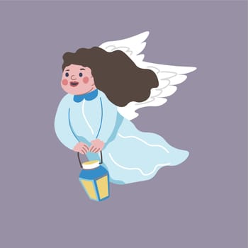 Angelic girl kid with wings and glowing lantern