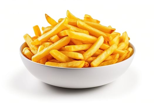 French fries on a plate on a white background. Generated by artificial intelligence