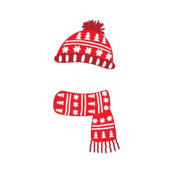 Winter hat cap with snowflake and pompom red scarf flat design