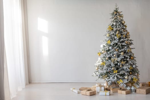 White christmas tree with gifts in interior without people
