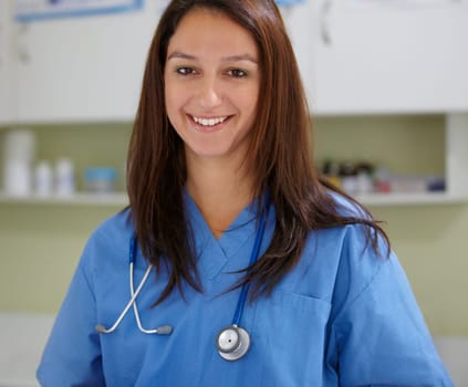 Happy woman, portrait and veterinarian nurse at clinic for animal care, shelter or health service. Face of female person, nurse or medical pet surgeon smile in confidence for healthcare at vet