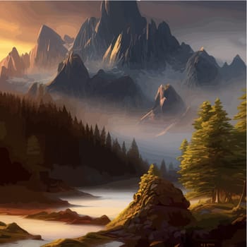 Beautiful river mountain forest. Landscape sharp mountains river bank