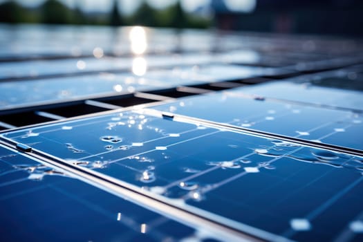 Close-up of eco-technology solar panel farm. Renewable energy concept. Generative AI