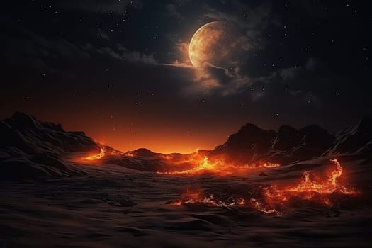 Night desert with fires on the sand in the light of a bright moon on a cloudy sky. Generated by artificial intelligence