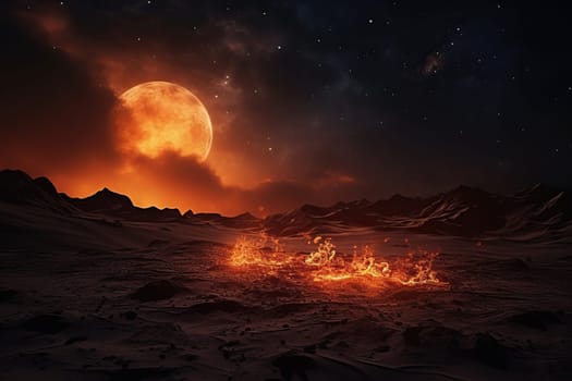 Night desert with fires on the sand in the light of a bright moon on a cloudy sky. Generated by artificial intelligence