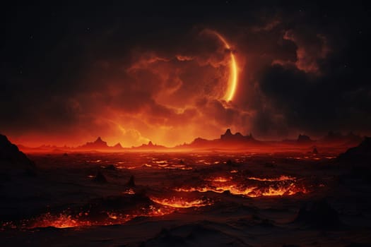 Surface of a fantasy planet with charred and burned earth and smoke. A celestial body is visible in the cloudy sky. Generated by artificial intelligence