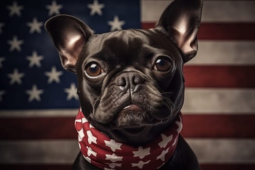 French bulldog dog with a bandage around its neck on the background of the US flag. Elections, US Independence Day. Patriotic dog. Generative AI
