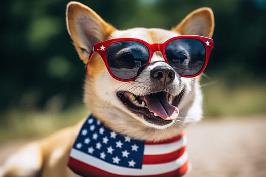 A Welsh Corgi dog wearing sunglasses and with a US flag on his neck on a blurred background. Elections, US Independence Day. Patriotic dog. Generative AI