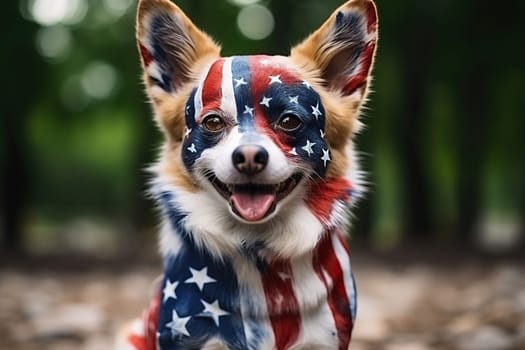 A dog with fur colored in the colors of the US flag. Elections, US Independence Day. Patriotic dog. Generative AI