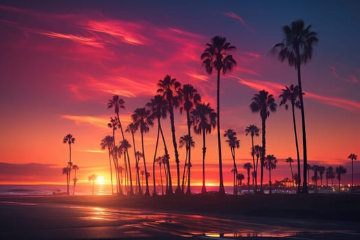 Beautiful sunset against the backdrop of the silhouette of tall palm trees on the sea beach. Vintage tone. Generated by artificial intelligence