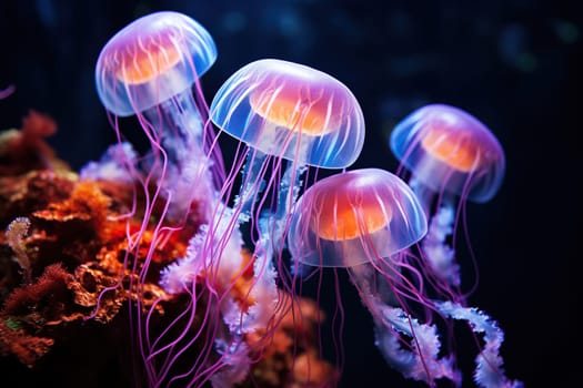 Jellyfish in neon light at the bottom of the ocean, sea. Beautiful background with neon jellyfish. Generated by artificial intelligence