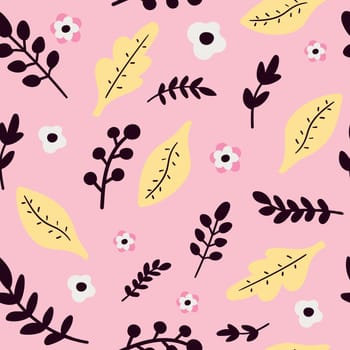 Seamless pattern of botanical elements in doodle style. Doodle flowers and leaves on pink background. Vector illustration