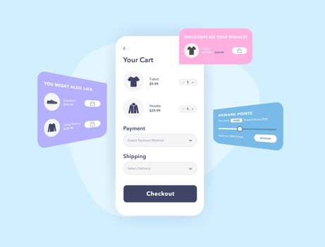 Checkout Personalization concept. Customize Checkout Process with E-Commerce extensions and custom fields. Personalize experience checkout optimization vector illustration isolated on blue background