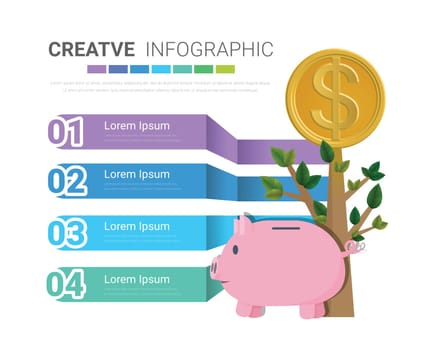 Money Saving Report Infographics Piggy bank with gold coins, 4 labels, Keep and accumulate cash savings. Safe finance investment. Financial services. Can be used for workflow layout, diagram, business step options, banner, and web design. 
