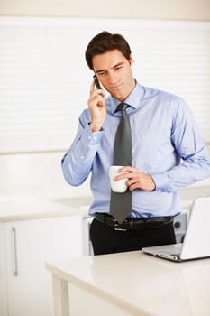 Serious businessman, phone call and coffee for discussion or communication in kitchen at home. Man or employee talking on mobile smartphone for morning, business conversation and cup of tea at house.