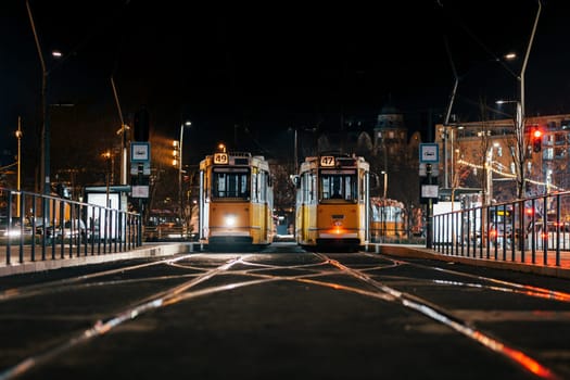 Resting trams locate on rails in city street at night time