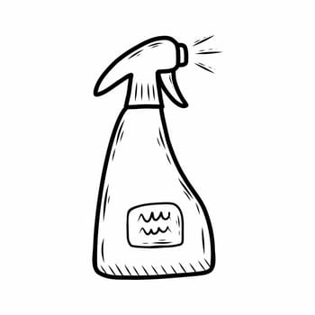 Spray gun for cleaning apartment. Cleaning agent. Vector doodle illustration on white background. Sketch style drawing. Household chemicals for home.