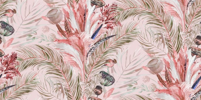 Seamless pattern with dry tropical palm leaves and pampas grass painted in watercolor