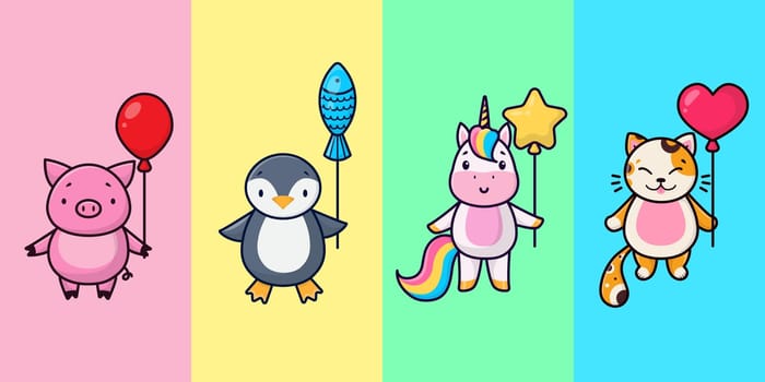 Cartoon illustrations of animals on a colorful background. Cute penguin, little piggy, pink unicorn, happy kitten.