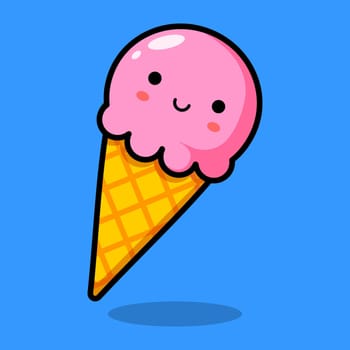 Kawaii pink ice cream in a yellow waffle cup. Smiling food. Vector illustration.