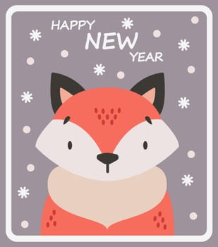 Cute fox on purple snow background. Cartoon winter poster. Vector postcard.