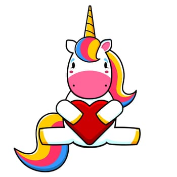 Cartoon Cute unicorn sitting and holding a heart Childish illustration. Vector image.